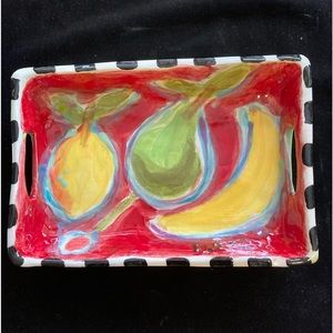 Handmade Ceramic Serving Tray w Handles Fruit On Scarlet Design 9”x6”x2”